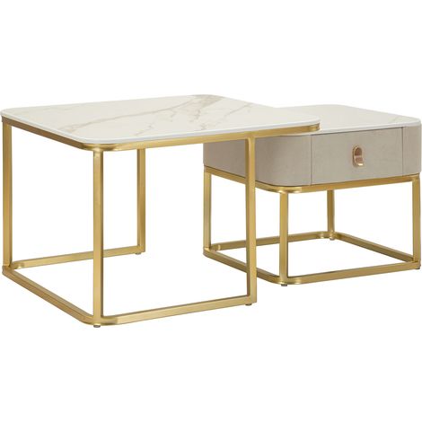 Mesa de Centro Davarere, un Cajón, set de 2 Combinable, Forma Cuadrada, 70x70x48h cm Blanco Mármol