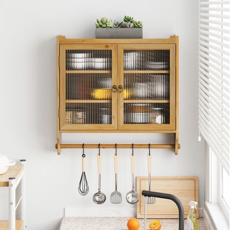 Meuble de salle de bain mural en bois et verre, 63 x 60 x 18 cm, naturel HAVRYA (1/5)