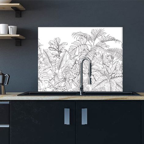 Crédence cuisine adhésive autocollante feuillages s 90 x 70 Noir et blanc