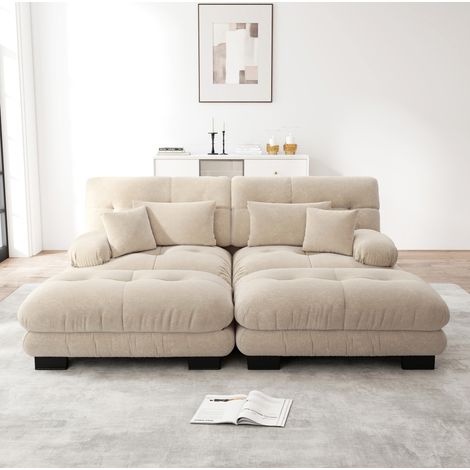 Divano angolare modulare in chenille color caffè chiaro con 2 pouf, cuscini lombari e design cloud,220x145x81 cm (1/5)
