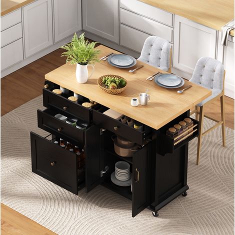 Îlot de cuisine mobile à roulettes avec plateau extensible MDF noir et naturel (1/5)