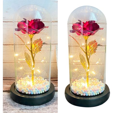 Lampe LED sous dôme en verre avec fleurs, ambiance exquise et romantique, lampe sous dôme en verre avec fleurs préservées en feuille de verre, cadeau pour une petite amie ou une épouse, roses rouges. (1/5)