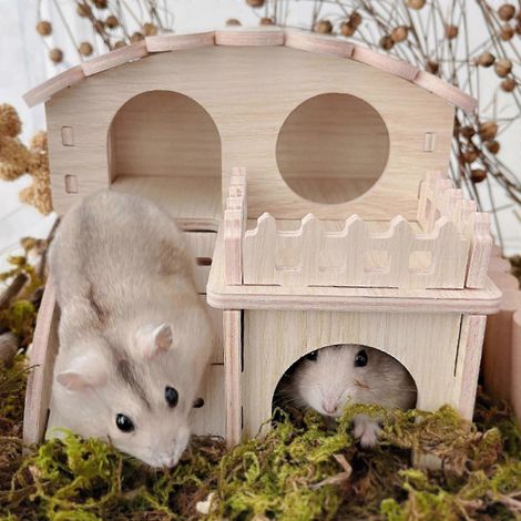 Cachette pour hamster, maison de luxe à deux étages en bois avec jouet à mâcher (1/4)