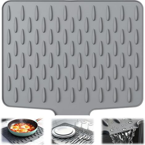 Abflussmatte für Küche und Bad, 40x32,5cm, Silikon-Abflussmatte für Küchenspülen, rutschfeste Abflussmatte mit abgewinkeltem Abflussrohr (grau).