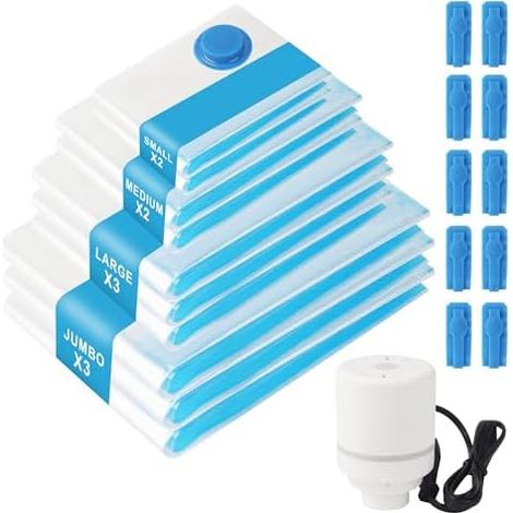 Sac Sous Vide Vetement Aspirateur (3XL, 3L, 2M, 2S) Sac de Rangement Sous Vide Aspirateur Sacs Sous Vide avec Pompe Électrique Voyages Réutilisables pour Housses, Vêtements, Couettes, Oreillers (10) (1/5)