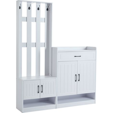 Conjunto de recibidor blanco 140,6 x 32 x 180 cm con zapatero, banco, panel con ganchos y armario (1/5)