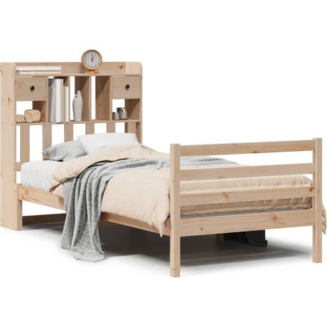 Lit simple  Lit adulte  Lit bibliothèque sans matelas 100x200 cm bois massif de pin