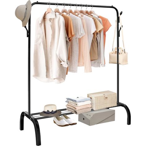 Holdfiturn Clothes Rail, Single Pole Clothing Rail for Bedroom, Multifunctional Metal Hanging Rails, Heavy Duty Clothes Rack, Coat Rack, Garment Drying Rack with Shoe Storage Shelf for Hallway (1/4)