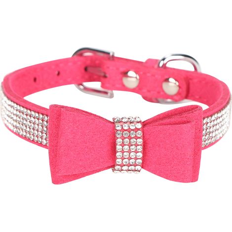 1 collier pour chat, suédine microfibre, double nœud papillon, strass, rose rouge, XS (30 x 1,5 cm) (1/5)