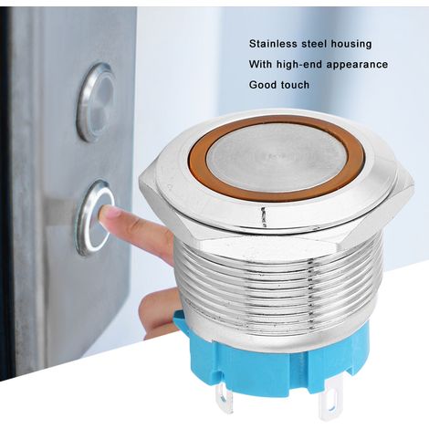 Lot de 2 interrupteurs à bouton poussoir à verrouillage auto 4 broches avec éclairage annulaire 22 mm IP65 en acier inoxydable pour modification bateau voiture (jaune 3-6VDC) (1/5)
