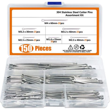 150-pieces 6 tailles en acier inoxydable 304 Cotter Pin Clip principales ultraconfortables Assortiment kit de montage pour automobiles, mécaniciens, garage, équipements de puissance de voiture