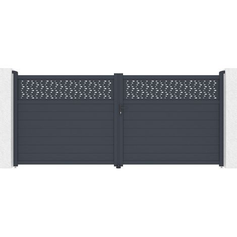 Cancello a battente L397 x H181 cm Alluminio semi pieno con motivi Antracite  - BAZIO
