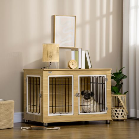 Hundebox, Haustierbox auf Beinen mit herausnehmbarem Kissen, Stahl in Holzoptik, 90 x 58 x 65 cm
