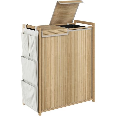 Cesto de ropa de bambú con tapa, saco extraíble y bolsillos laterales, 120 L, natural (1/4)
