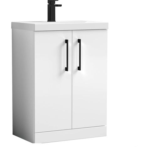 Balterley Bramshall Modern Bathroom Floor Standing 2 Soft Close Door & Mid-Edge Vanity Unit Basin, Gloss White, 610mm (1/4)