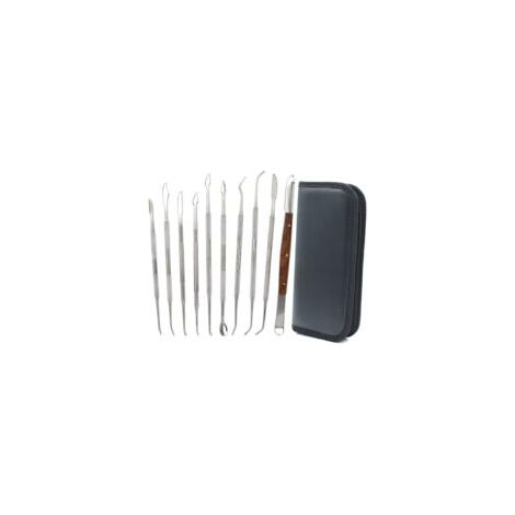 10 utensili a doppia estremità in acciaio inossidabile per intaglio della cera per sculture in argilla e ceramica, kit di attrezzi fai da te per sculture in ceramica, spatola, scalpello e custodia - F