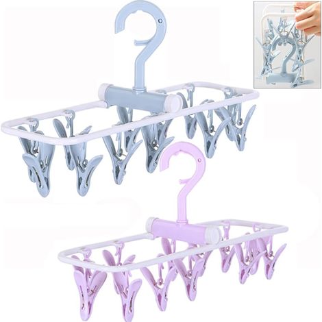 Lot 2 petits étendoirs à linge pliables et portables avec pinces pour sous-vêtements, chaussettes et autres vêtements. Crochet rotatif à 360° avec 12 épingles pour sécher les serviettes, supports-gorg (1/5)