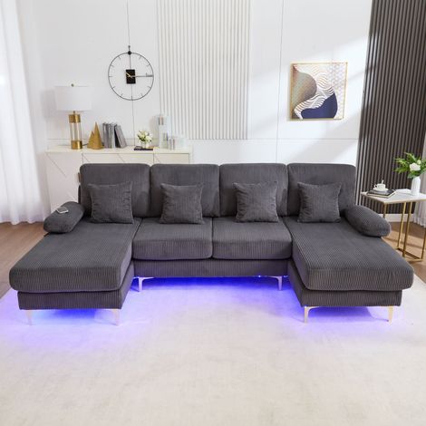 Neche Modernes U-förmiges 4-Sitzer-Sofa mit LED-Beleuchtung und USB-C, Cordstoff, Massivholzrahmen, 4 Kissen, Grau