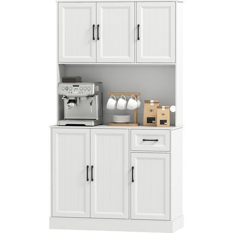 Meuble de cuisine, 180, 5 cm, meuble garde manger, plan de travail, passe câbles, étagères réglables, MDF, blanc (1/5)