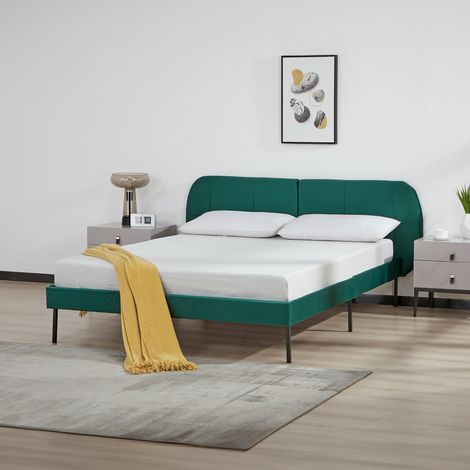 Cama tapizada Porvoo con cabecero somier terciopelo 140x200cm - Verde oscuro [en.casa]