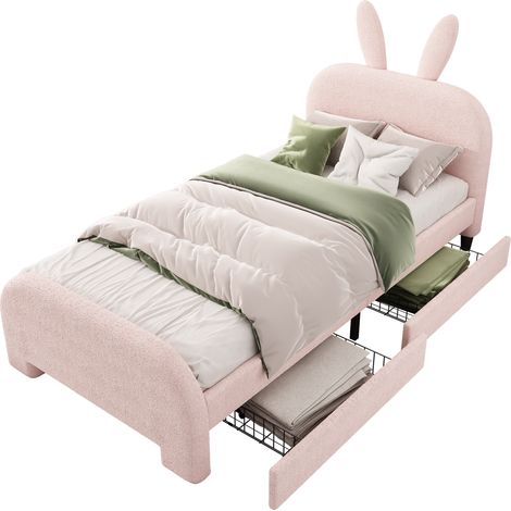 Lit enfant 90x200 rose avec tête de lit en forme de lapin, lit simple rembourré en peluche avec 2 tiroirs, sommier inclus (1/5)