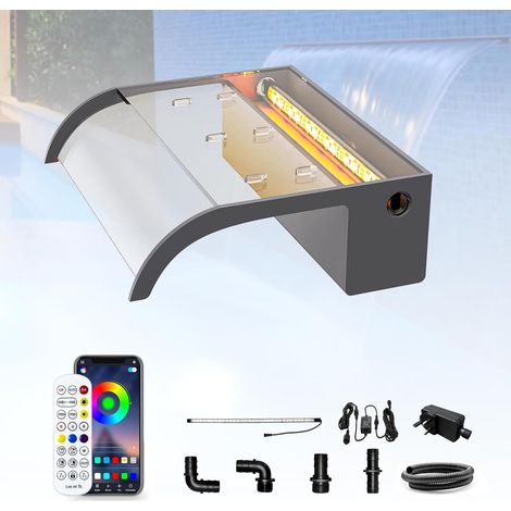 Kit de Cascade de 30cm pour Bassin, Lame de Cascade en Acrylique incurvée avec éclairage LED Bluetooth 7 Couleurs et Télécommande, Largeur 26cm (1/5)