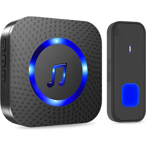 Sonnette sans Fil, 300M Sonnette Longue Portée Exterieur Étanche Electronique, Kit de Carillon avec Récepteurs Enfichables pour la Maison, LED Bleu, 55 Mélodies, 5 Niveaux Volumes, Noir