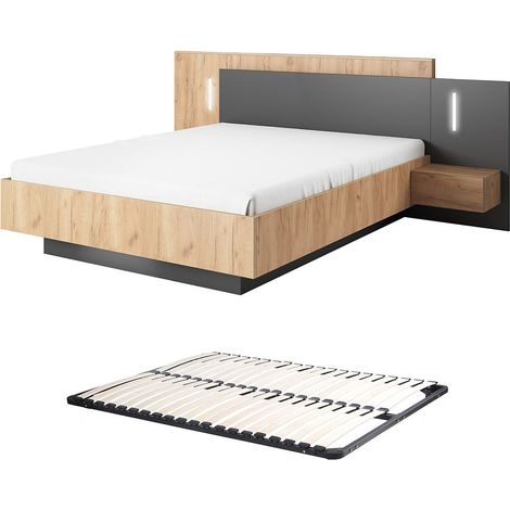Letto con comodini 140 x 190 cm 2 cassetti Con LED Naturale e Antracite + Rete - FRANCOLI