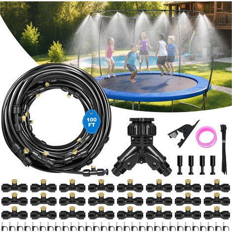 100 FT Dual-Line Misting Cooling Systemwith 24 Brass Buses Outdoor Water Mister Kit, Tuyau de brouillard pour patio, Cour arrière, Jardin, Zone de jeu pour chiens, Ferme, Stable, Extérieur (1/5)
