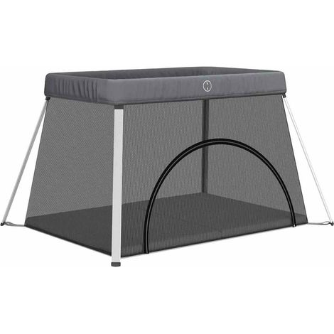 Parque infantil para bebés con colchón tela lino gris oscuro vidaXL (1/5)