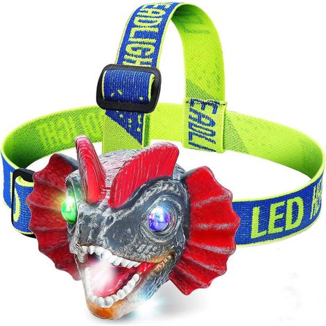 Lampe frontale - Lampe frontale dinosaure pour enfants, lampe frontale jouet dinosaure, lampe torche pour garçons, filles ou adultes, lampe frontale dinosaure rugissant pour le camping (1/4)