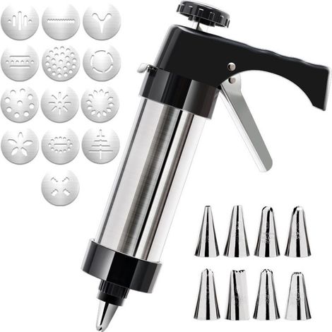 Presse à Biscuits en Acier Inoxydable, Seringue à Pâte, Presse à Biscuits Professionnelle, Presse à Biscuits avec 13 Pochoirs et 8 Sachets Presse à Biscuits pour Gâteaux, Biscuits (1/5)