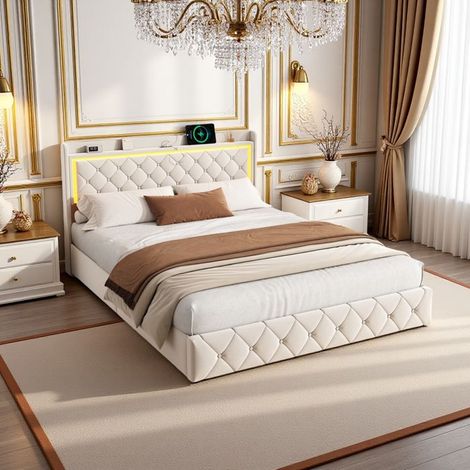 Bett für 2 Personen 140x200 cm, Veloursbezug in Beige, LED RGB und EU USB/Type-C Anschlüsse, multidimensionale Aufbewahrung, modernes Luxusdesign
