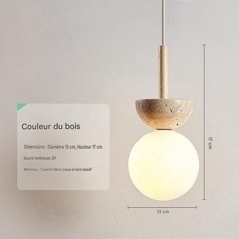 Suspension O bois naturel, pierre travertin noyer, douille G9 220V, lumière tricolore