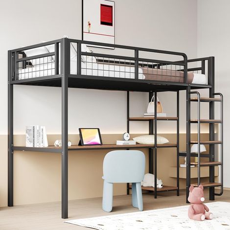 Lit superposé en métal 90 x 200 cm, lit simple avec échelle de sécurité et marches, cadre de lit enfant avec table et étagère, noir (1/5)