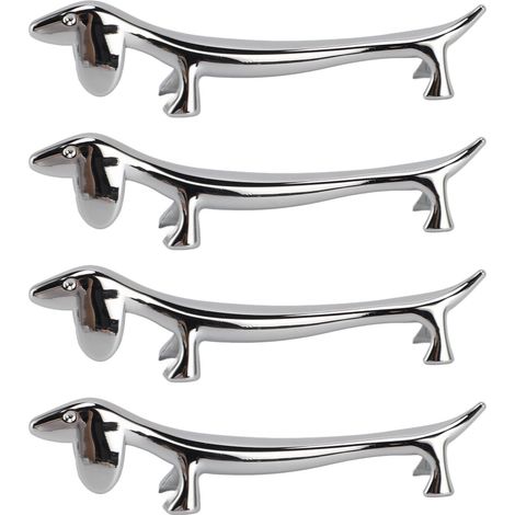 Cuatro piezas de cubertería de plata, incrustadas en una aleación de zinc galvanizado pulido, tienen forma de animales y sirven como soportes versátiles para tenedores, cucharas y pequeños perros. (1/5)