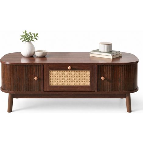 Table basse tressée avec rangements, pieds en bois, style naturel et porte coulissante décorative, 110 x 55 x 38,5 cm, pour salon chaleureux - CHICFURN (1/5)