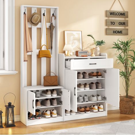 REDOM Ensemble de meubles d'entrée 140.6x32x180 cm avec penderie et meuble à chaussures finition mate blanc