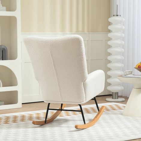 Fauteuil à bascule crème effet bouclette avec accoudoirs, dossier rembourré, patins en bois, assise confortable, charge 120 kg (1/5)