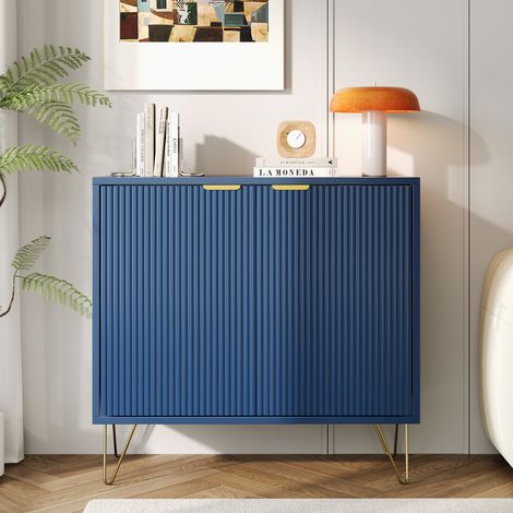 Fortuna Lai – Buffet moderne 80x40x78cm – 2 portes avec cloisons réglables – Pieds en métal doré – Rangement modulable pour salle à manger, salon, cuisine – Bleu (1/5)