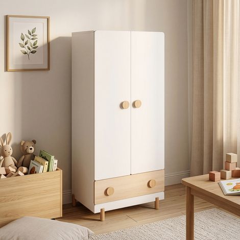 Kinderkleiderschrank Vaarentaa mit Schublade 126x60x41 cm Weiß/Eicheoptik [en.casa] (1/5)