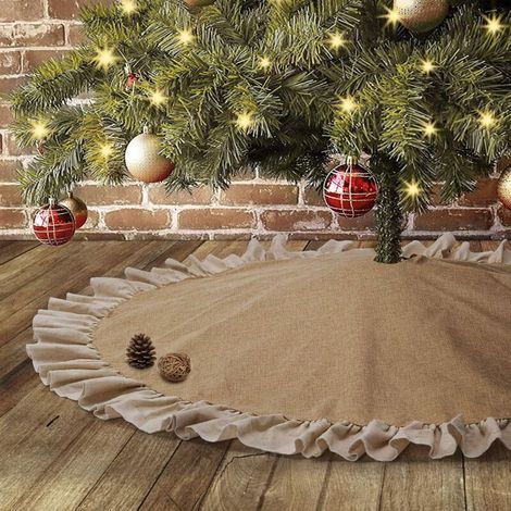 Jupe de sapin de Noël en toile de jute de 122 cm, grande jupe de sapin d'automne avec bordure à volants, décorations de Noël rustiques, tapis de sapin en lin marron pour l'automne (1/5)