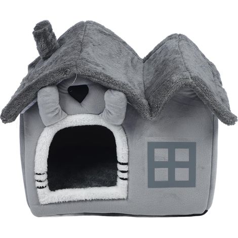 Decdeal Niche d'intérieur à Double toit pour chien, coussin amovible, housse lavable, grotte pour petits chiens S (1/5)