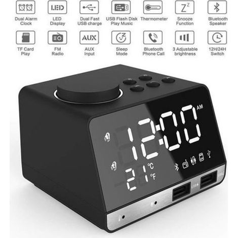 Radio Réveil Numérique - - Double Alarmes - Haut-Parleur Bluetooth - 2 Ports USB - Affichage Température (1/4)
