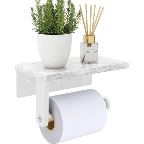 Porte-papier hygiénique avec étagère en marbre naturel, vis en acier inoxydable 304 mural, distributeur de porte-rouleau de papier de soie pour salle de bain et toilettes, blanc (1/5)