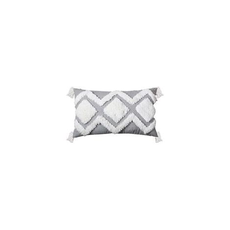 Housse de Coussin Bohème Tissée à Franges, Style Gris/Blanc, Coton, (Gris sur Blanc, 30x50 cm)