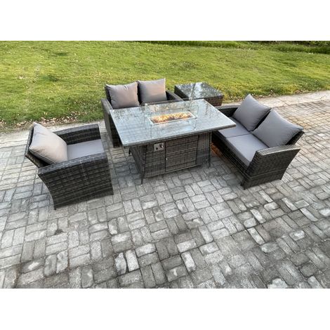 Fimous Rattan Gartenmöbel im Freien Gas Feuerstelle Tisch Sets Gasheizgerät mit Liebes-Sofa Stuhl Beistelltische 5-Sitzer Dunkelgrau Gemischt (1/5)