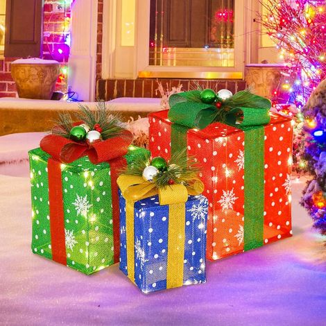 COSTWAY Décoration de Noël Paquet Cadeau de Noël 3 Pièces, Paquet Cadeau Lumineux avec Boîtes Exquises, avec 52 Lumières LED Pré-éclairées pour Porche, Cour, Pelouse (1/5)