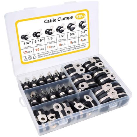 52 Pièces Caoutchouc Collier Serrage P Clips Tuyau Pinces Acier Inoxydable Pinces Caoutchouc Coussin Colliers 6 Tailles 1/4"5/16" 3/8"1/2" 5/8"3/4" (1/5)
