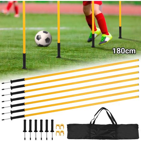 Randaco Kit de piquets de slalom football 180 cm, 6 poteaux avec 2 barres de haie 100 cm, pointes de sol et sac de transport, jaune, agilité et coordination (1/5)